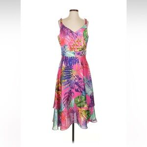 Serpil hot pink tropical print satin dress, size 3 or US Med